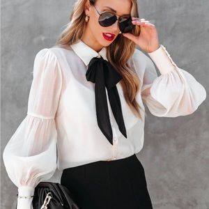 Tie Neck Balloon Sleeve Blouse